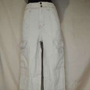 Cream/White Cargo Pants With Brown Stitching